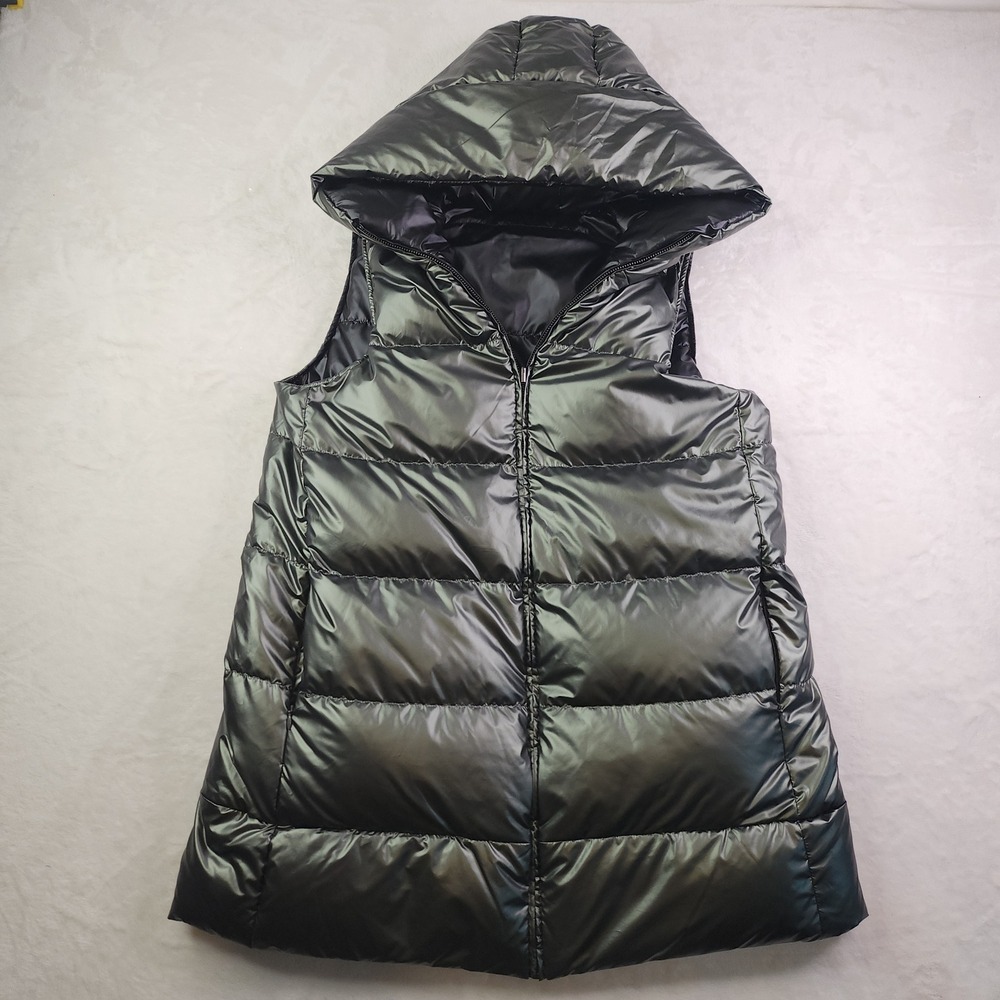 Tuckernuck Down Puffer Vest Medium Green Metallic Hooded Gorpcore Apres Ski